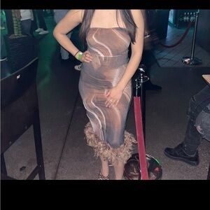 Brown and Cream Strapless Dress with Feather Hem